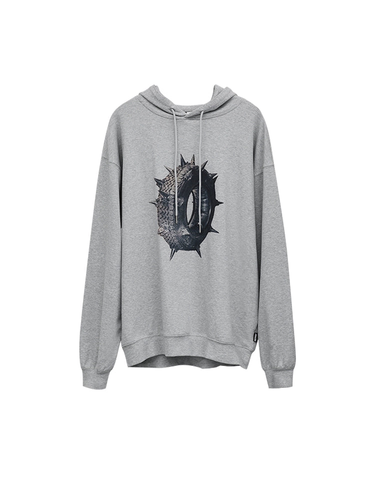 FUZZYKON Gray Hooded Oversized Thorn Tire Print Sweatshirt