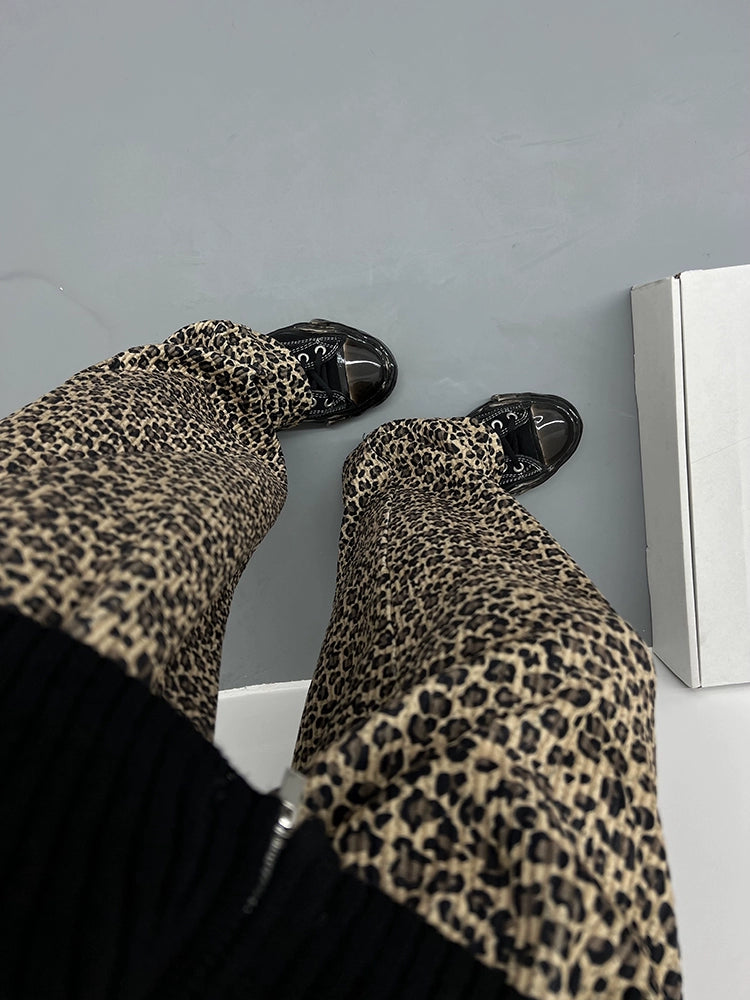 FUZZYKON Double-sided Flannel Pleated Loose Leopard Print Pants