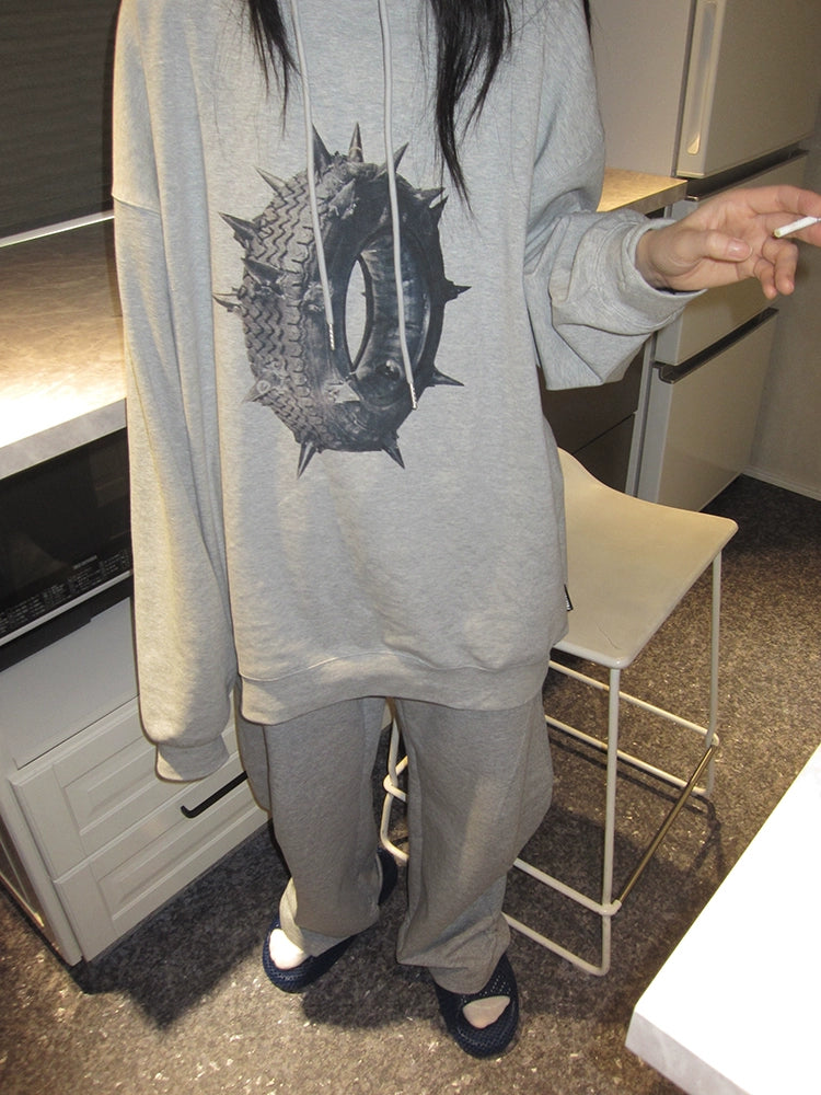 FUZZYKON Gray Hooded Oversized Thorn Tire Print Sweatshirt