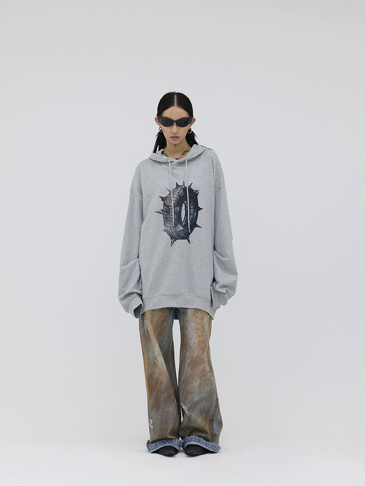 FUZZYKON Gray Hooded Oversized Thorn Tire Print Sweatshirt