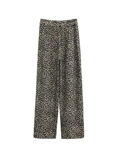 FUZZYKON Double-sided Flannel Pleated Loose Leopard Print Pants