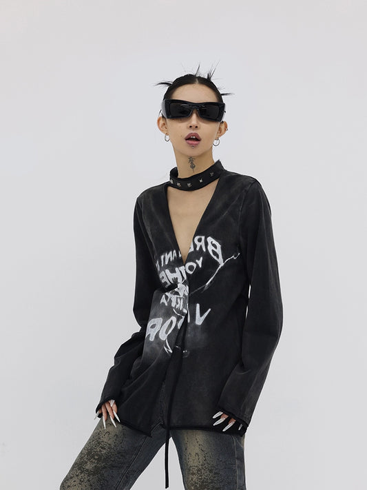 FUZZYKON Riveted Choker Letter Open-Front Long Sleeve T-Shirt