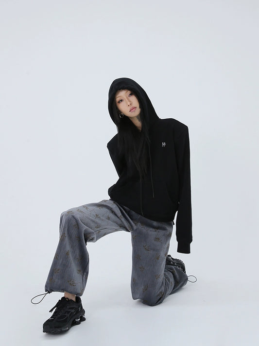 FUZZYKON Grey Velvet Drawstring Pants with Tree Pattern