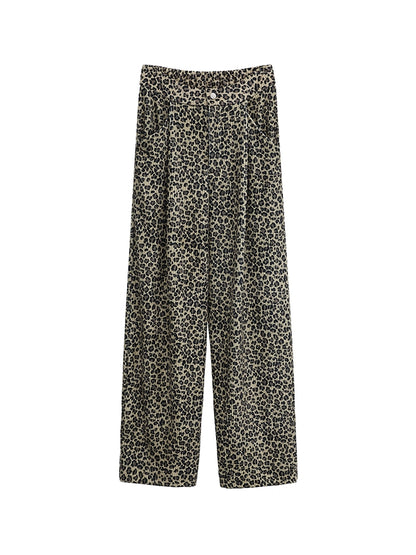 FUZZYKON Double-sided Flannel Pleated Loose Leopard Print Pants